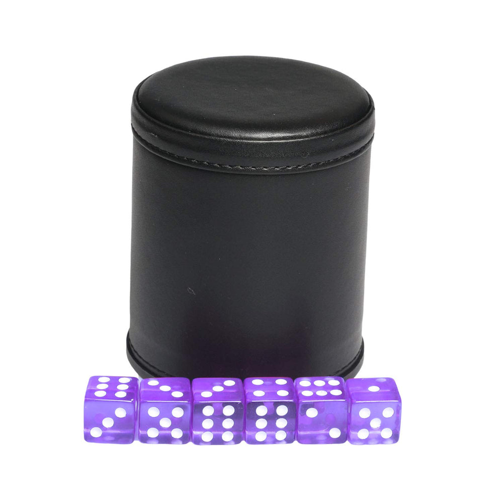 TOPTAN dice cup with black leatherette exterior and purple felt interior.