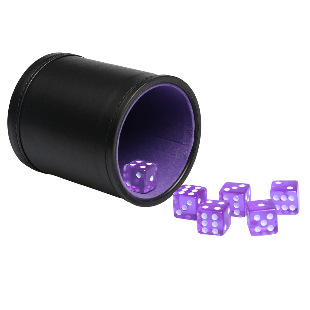 TOPTAN leatherette dice cup with purple felt interior for quiet shakes.