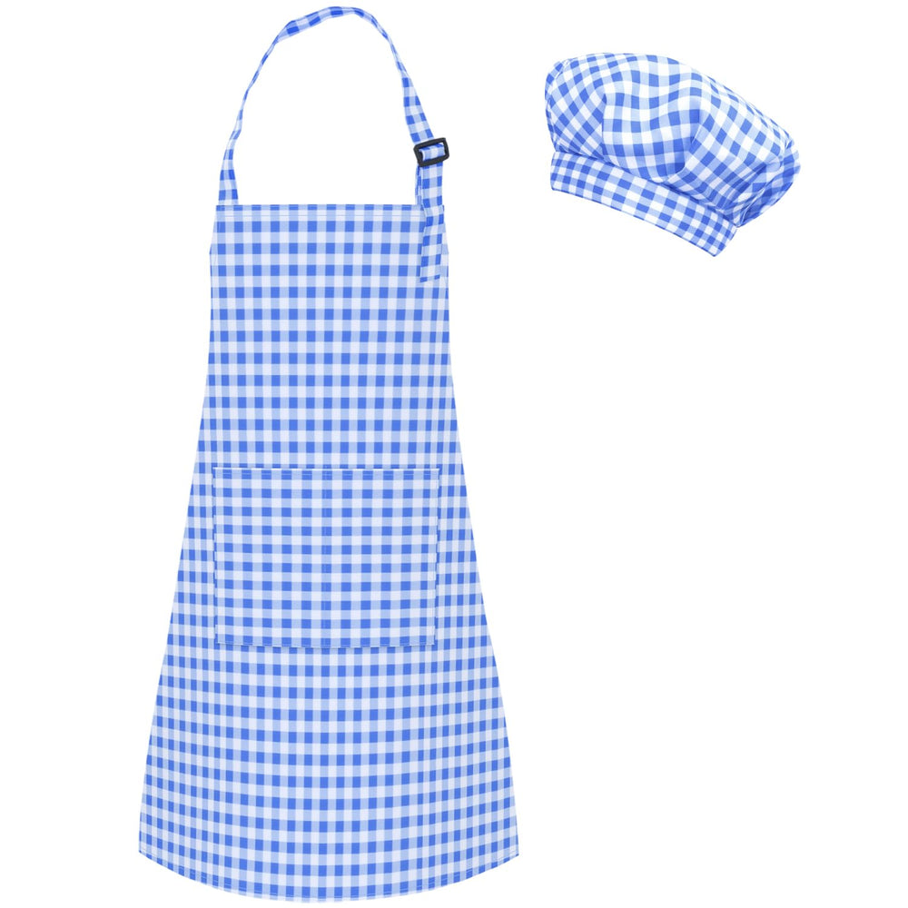 TOPWAYS kids apron and chef hat blue front view with adjustable neck strap.