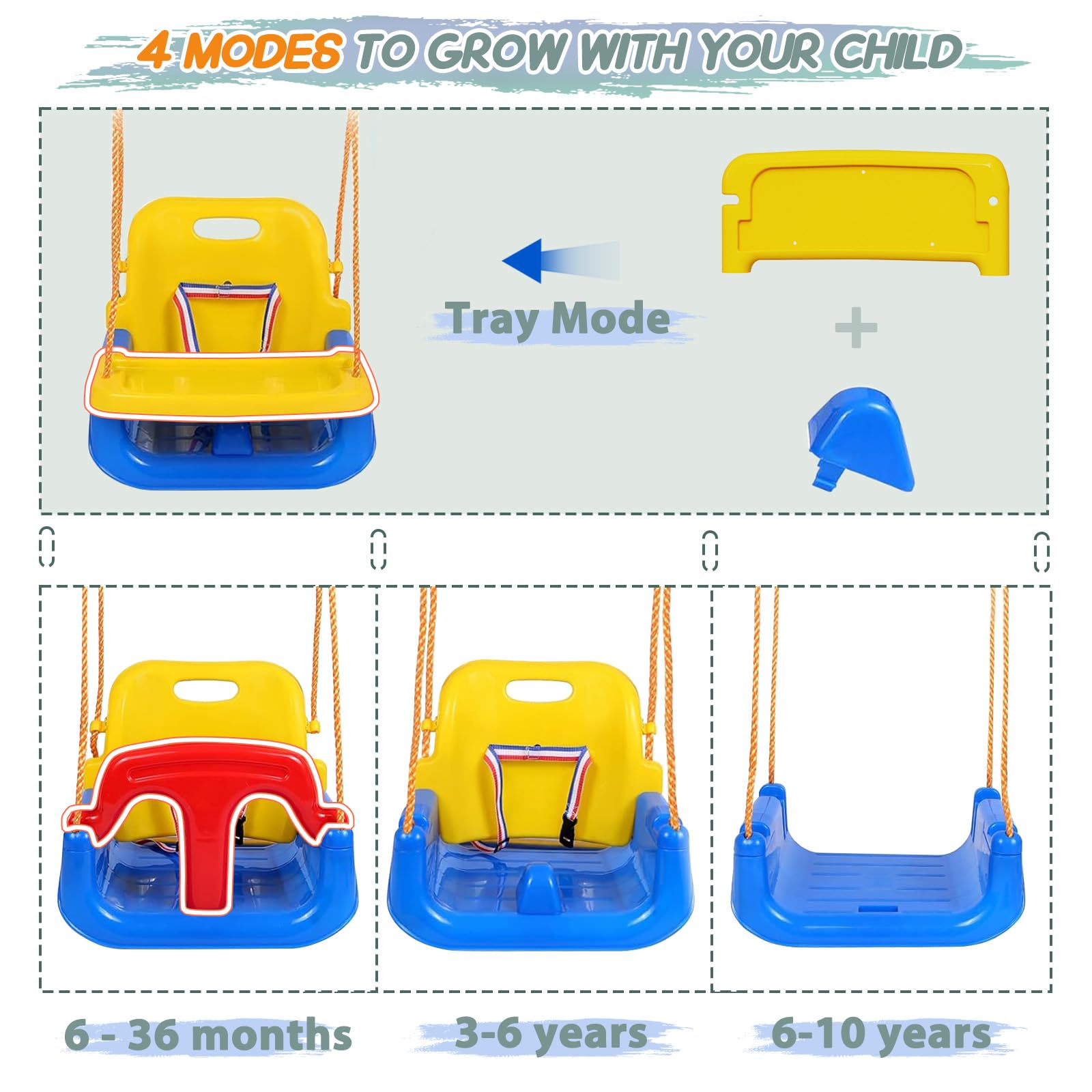 TOREVSIOR detachable-design swing offers flexible configurations as your child grows.