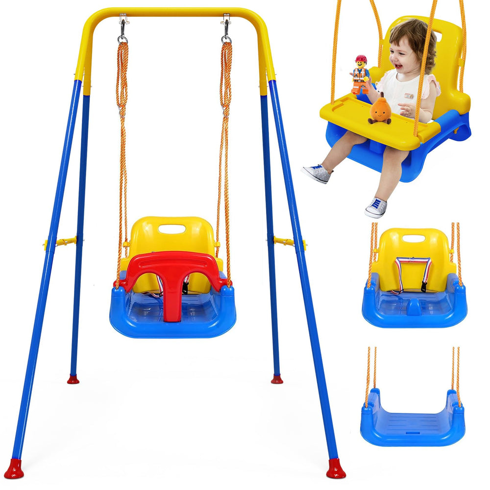 TOREVSIOR toddler swing with tray attachment offering added support during play.