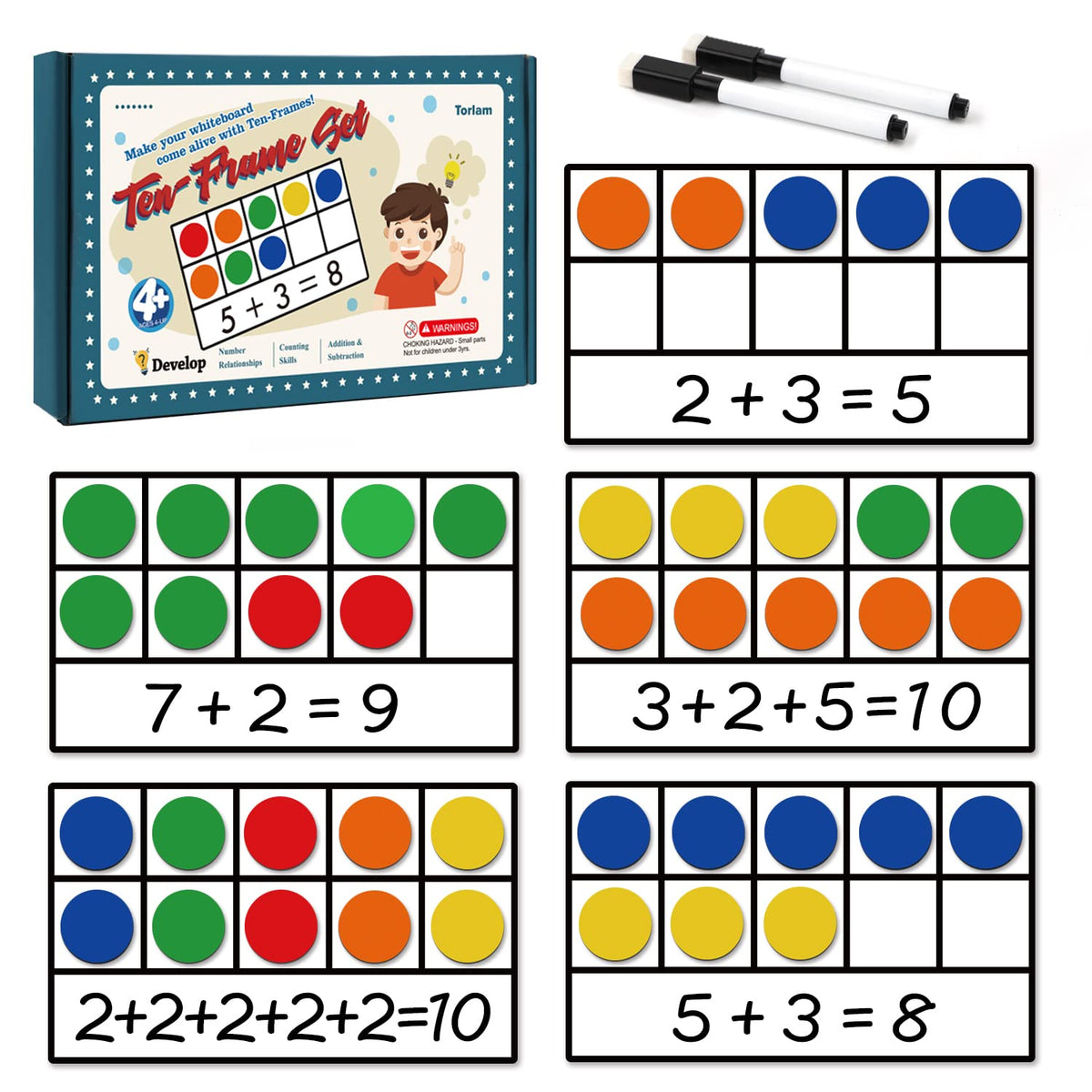 Torlam magnetic ten-frame set tray with dry-erase marker for quick math practice.