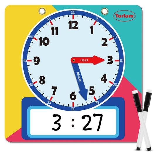 Torlam magnetic writable clock with rainbow face for classroom time practice.