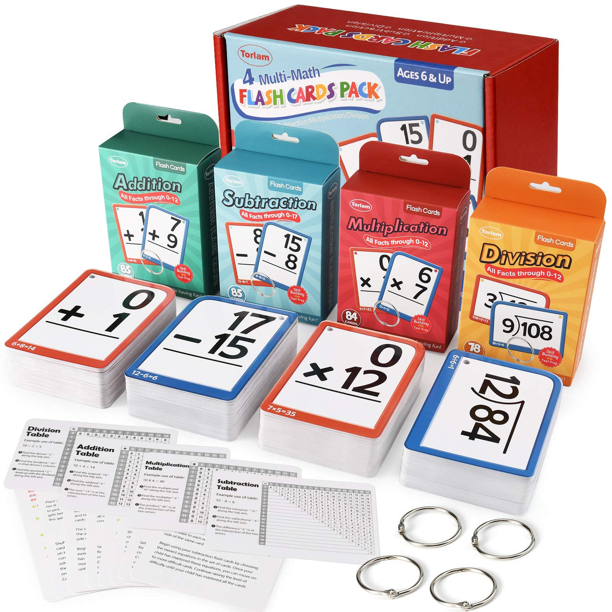 Torlam multi math flash cards front view with four rings for organized practice.