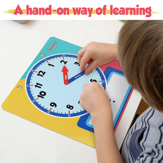 Torlam teaching clock shows movable hands for hands-on time setting.