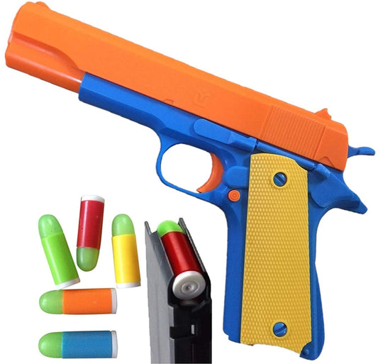 Toshi Station toy gun in slide-action pose for imaginative indoor play