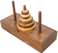 TOSQP27 Tower of Hanoi puzzle in rosewood, a premium brain teaser for focused desk sessions.