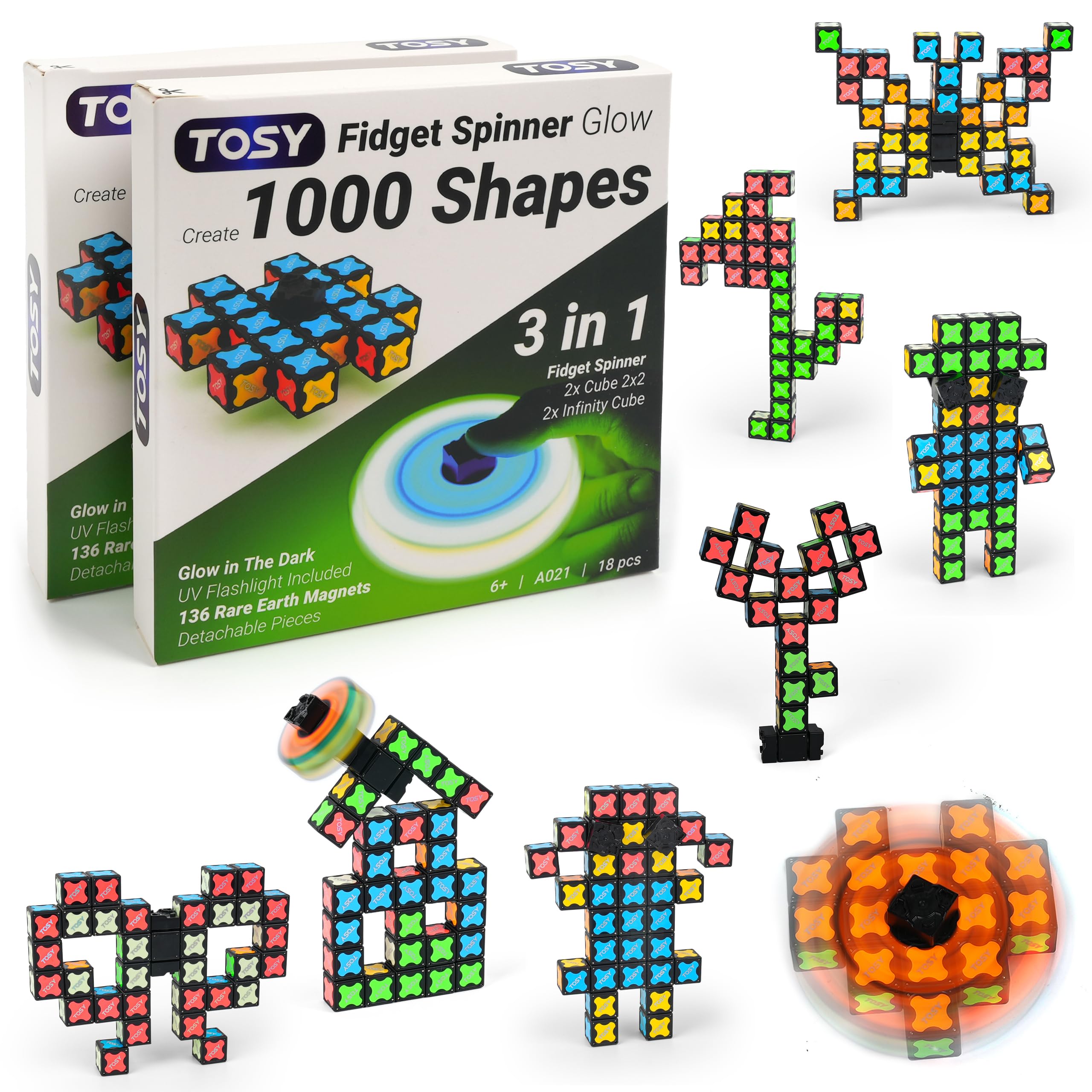 TOSY Magnet Spinner Glow transformable blocks for creative shapes and focus.