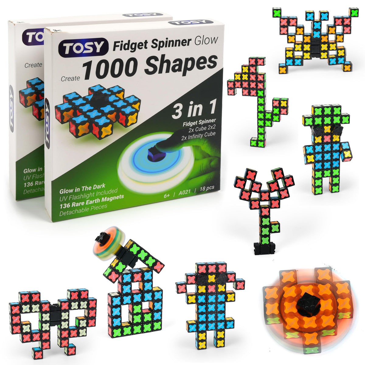 TOSY Magnet Spinner Glow transformable blocks for creative shapes and focus.