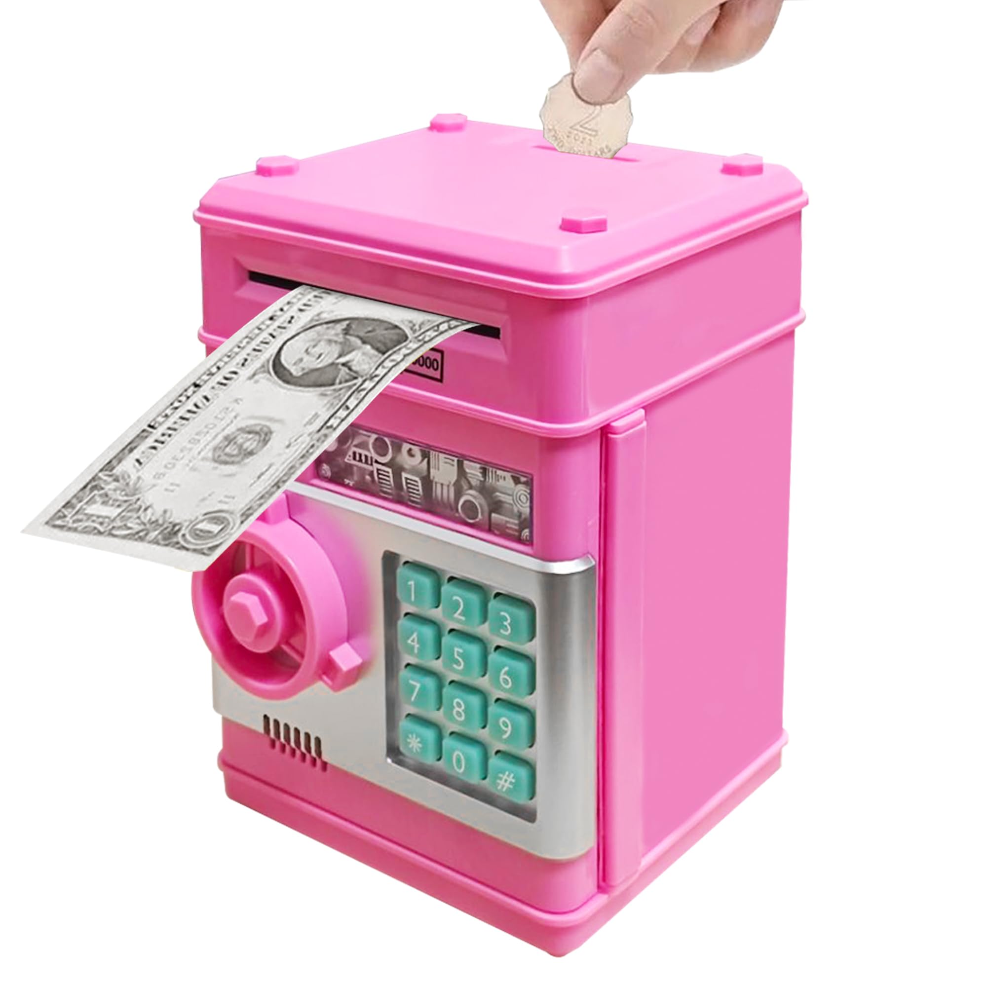 Totola Piggy Bank Electronic Mini ATM in deep pink showcases automatic cash intake for kids.