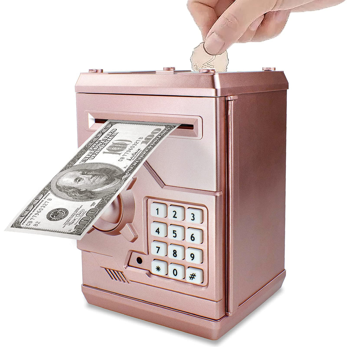 Totola Piggy Bank Rose Gold front view for secure savings in kids' rooms.