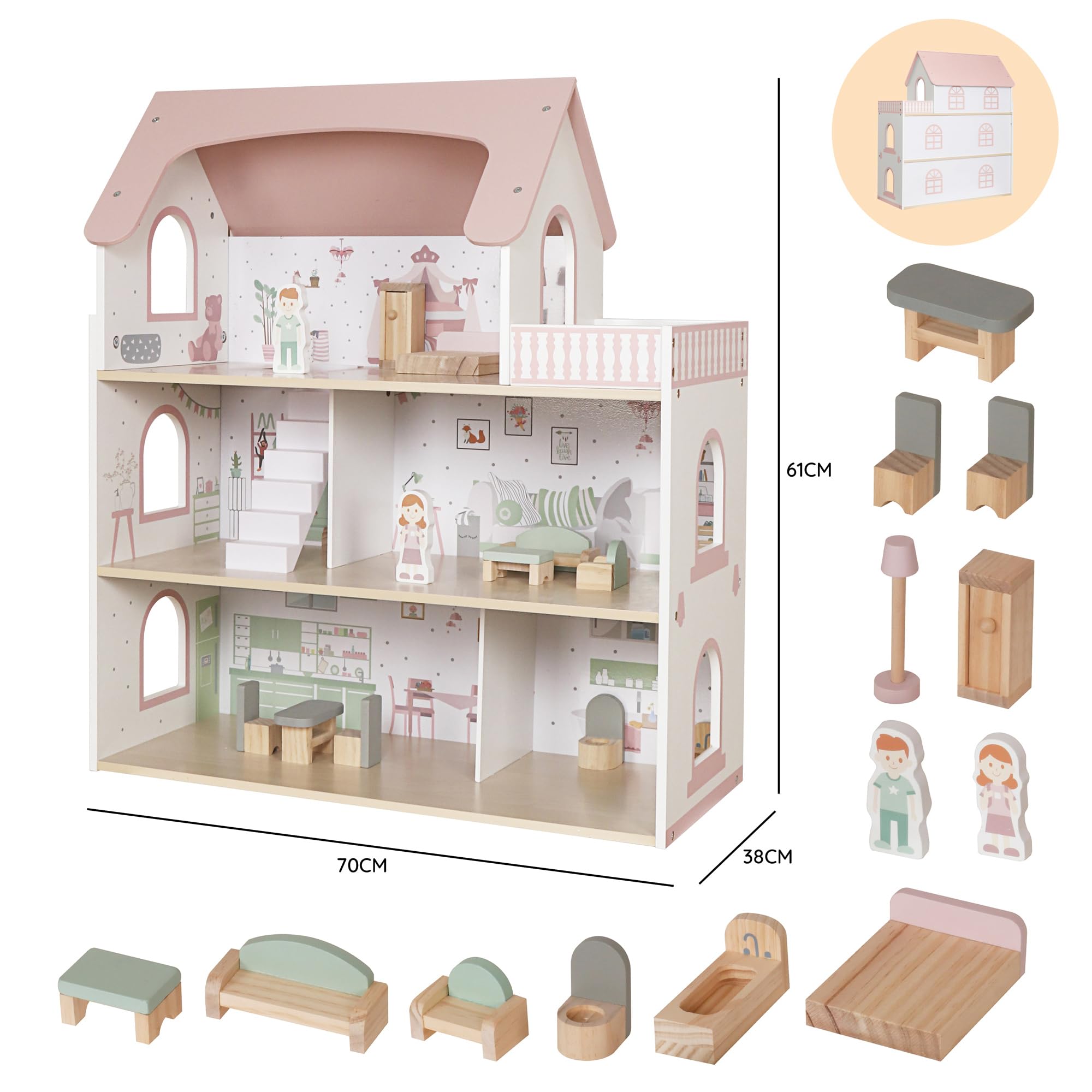 Touch Us doll house with four rooms and terrace, ideal for creative role-play scenarios.