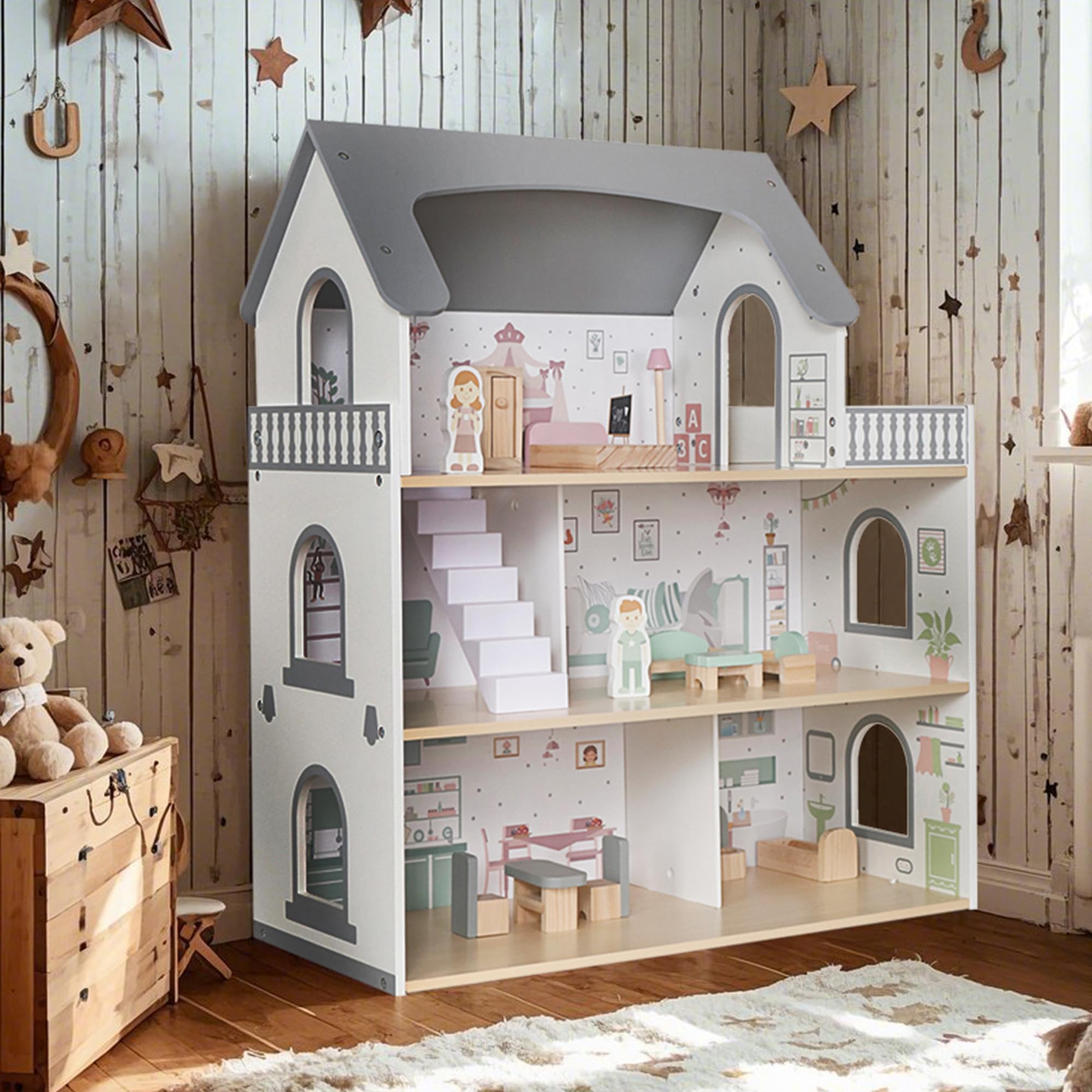 Touch Us Dream Playhouse interior shows four rooms for varied storytelling and role play.