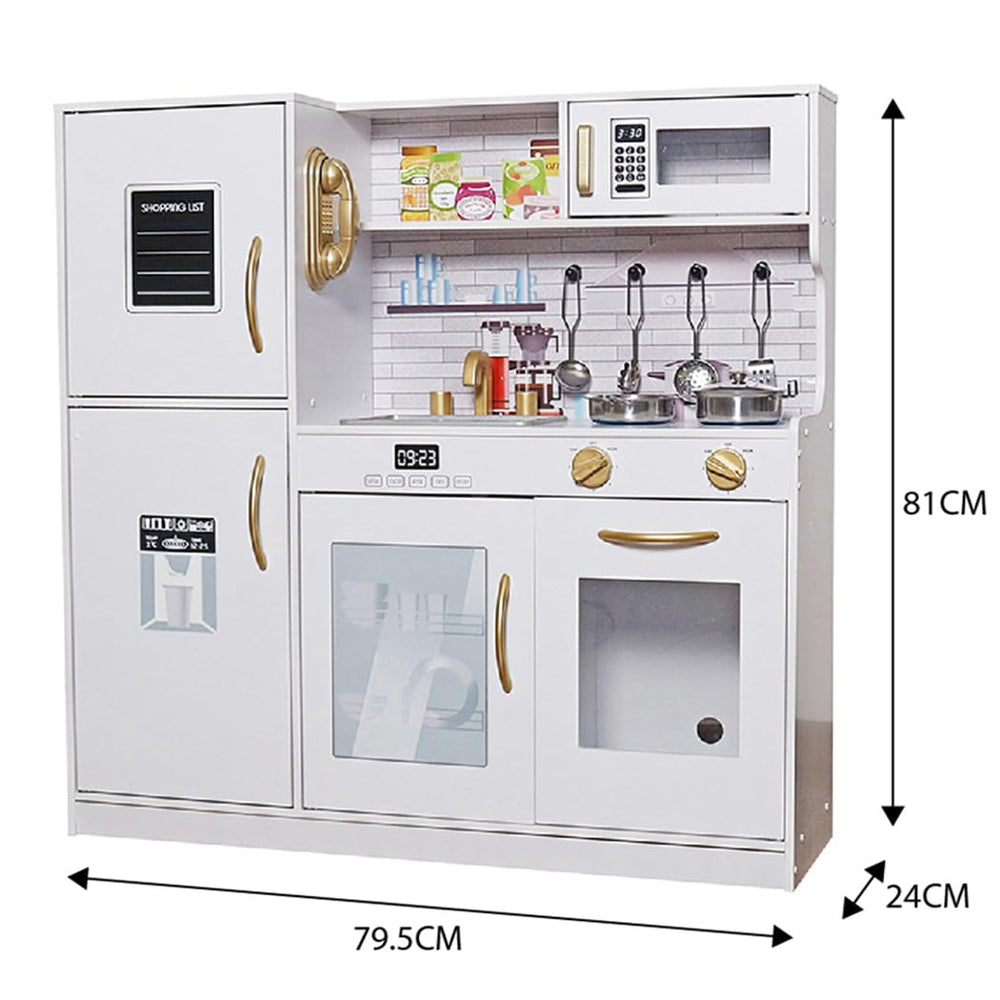 Touch Us storage shelves help tidy up and organize a busy play kitchen.