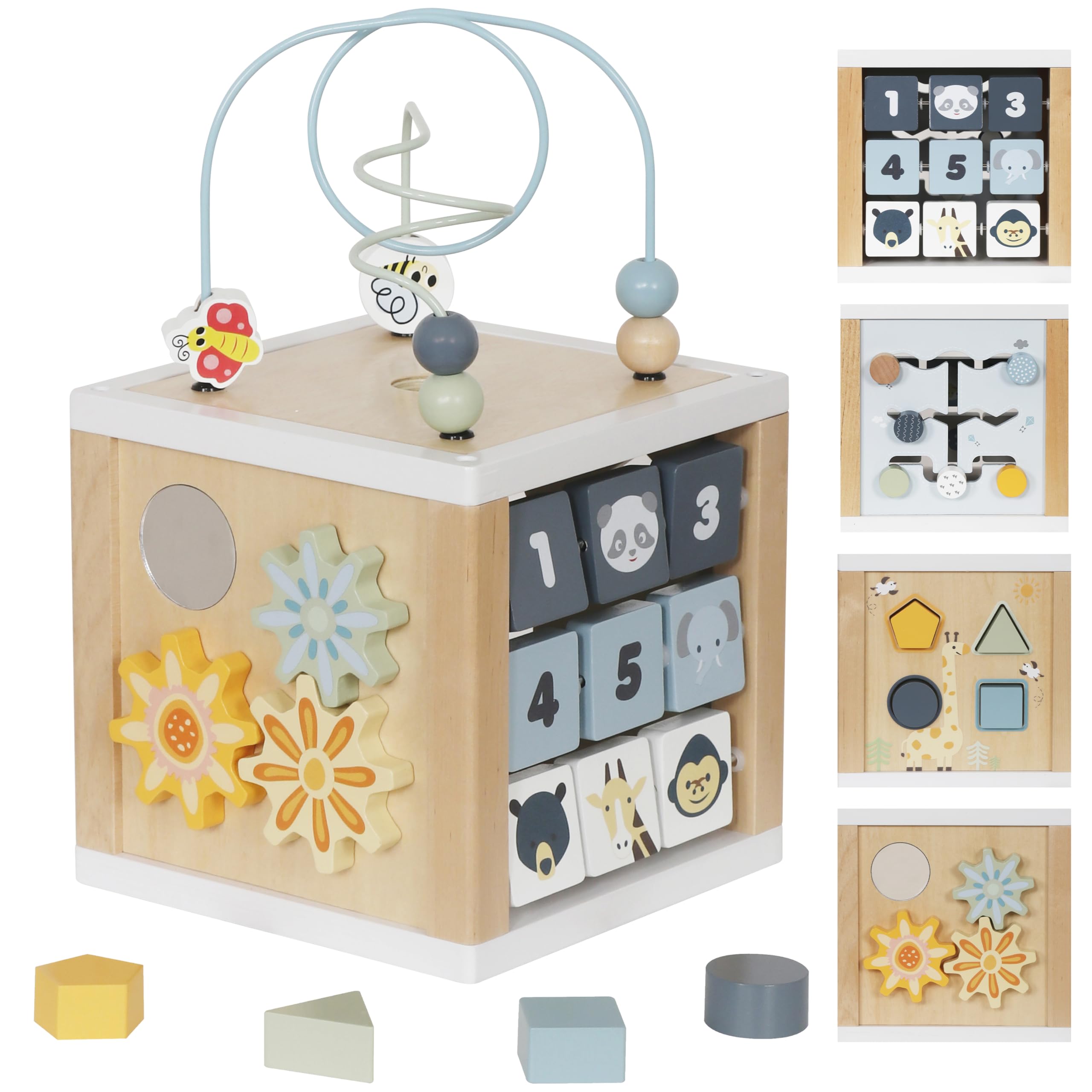 Touch Us wooden activity cube bead maze for fine motor exploration.