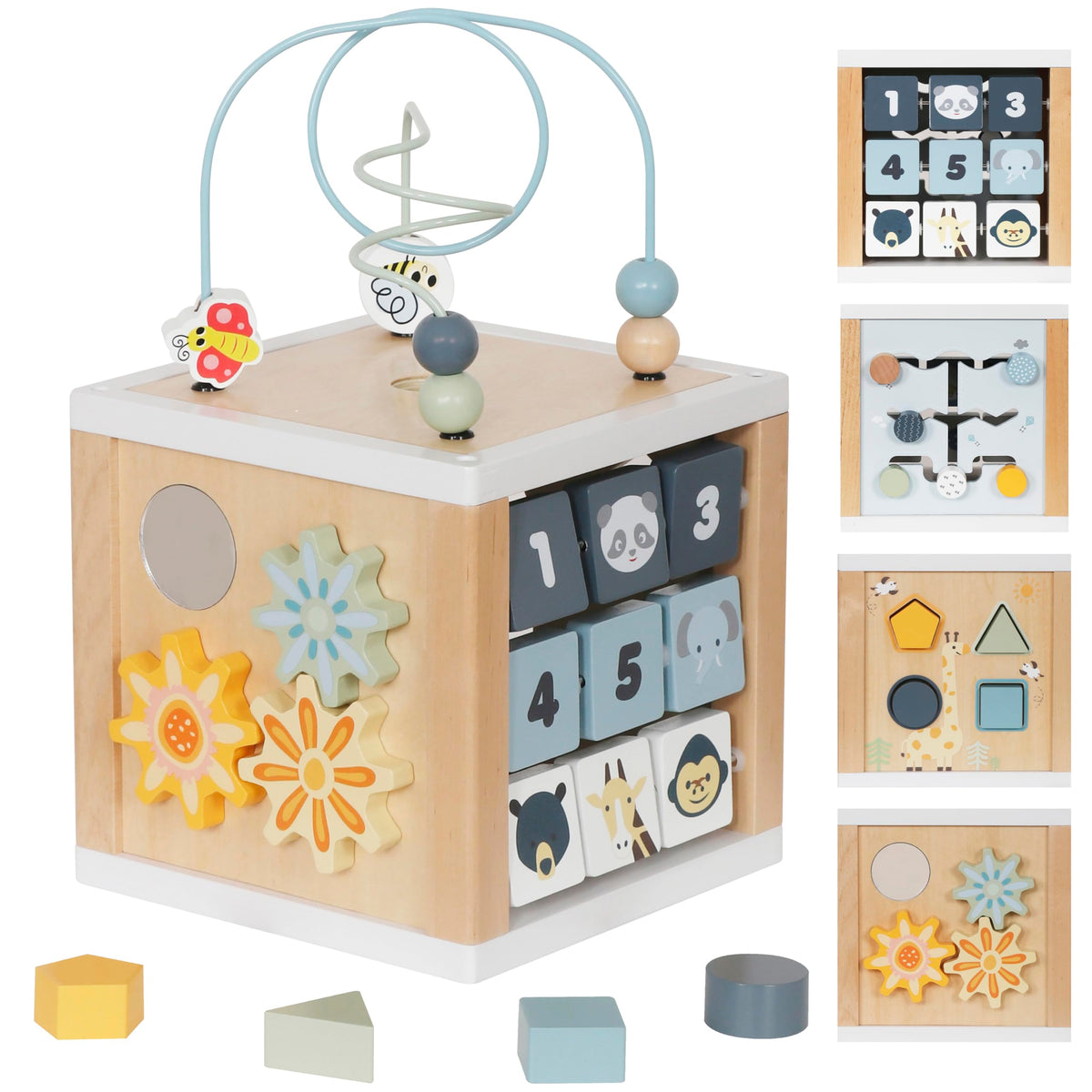 Touch Us wooden activity cube bead maze for fine motor exploration.