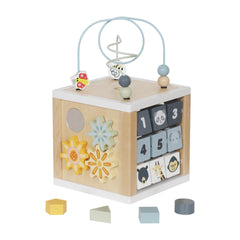 Touch Us wooden activity cube non-toxic finish and safe design.
