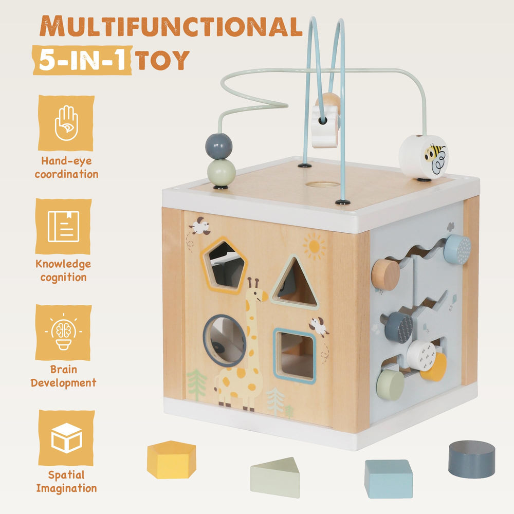 Touch Us wooden activity cube shape sorter supports early cognitive skills.