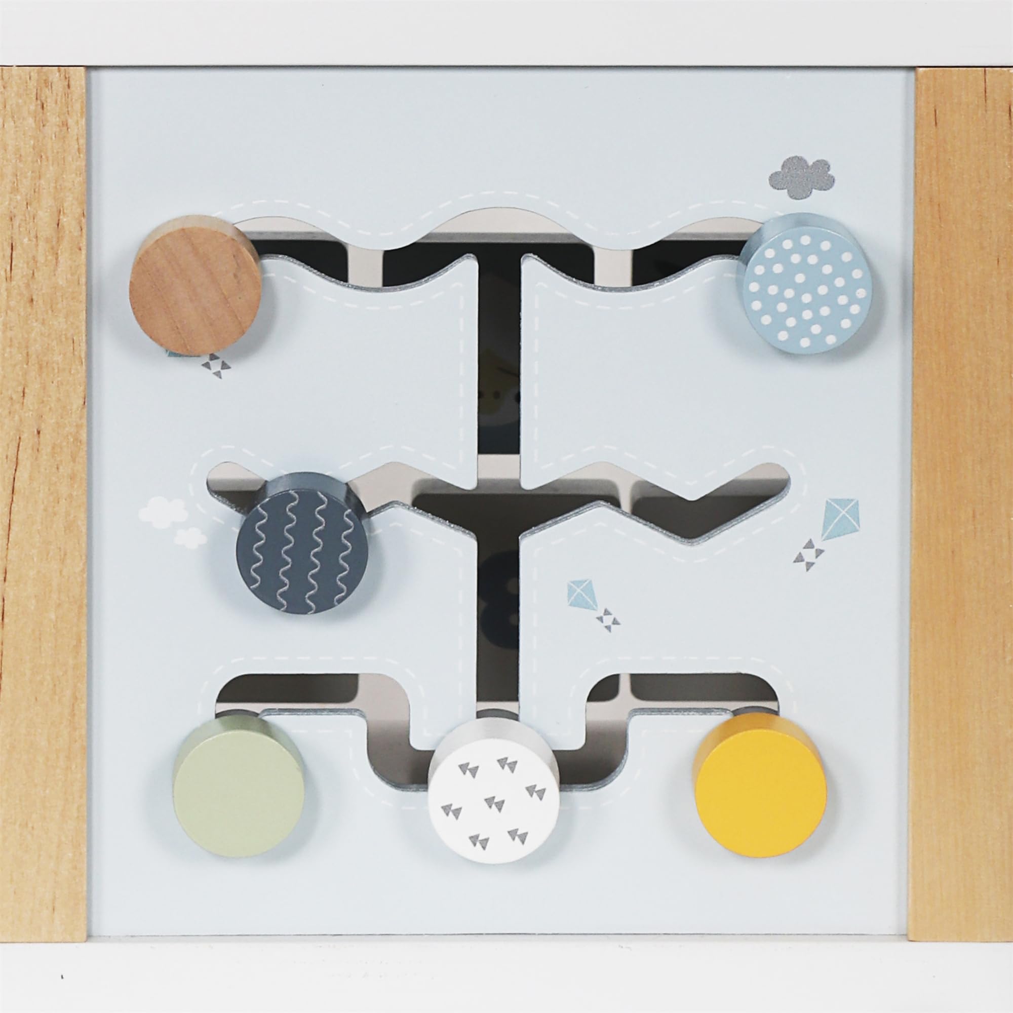 Touch Us wooden activity cube sliding track sparks problem-solving.