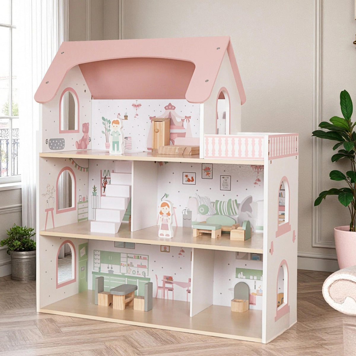 Touch Us wooden pink doll house with balcony inspires imaginative play and storytelling.