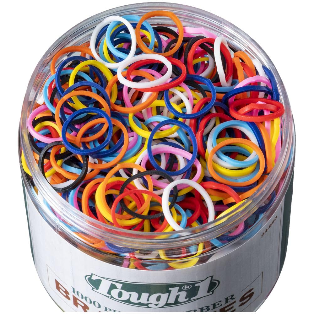 Tough 1 Braidette rubber bands in a screw-top container for neat storage and quick access.