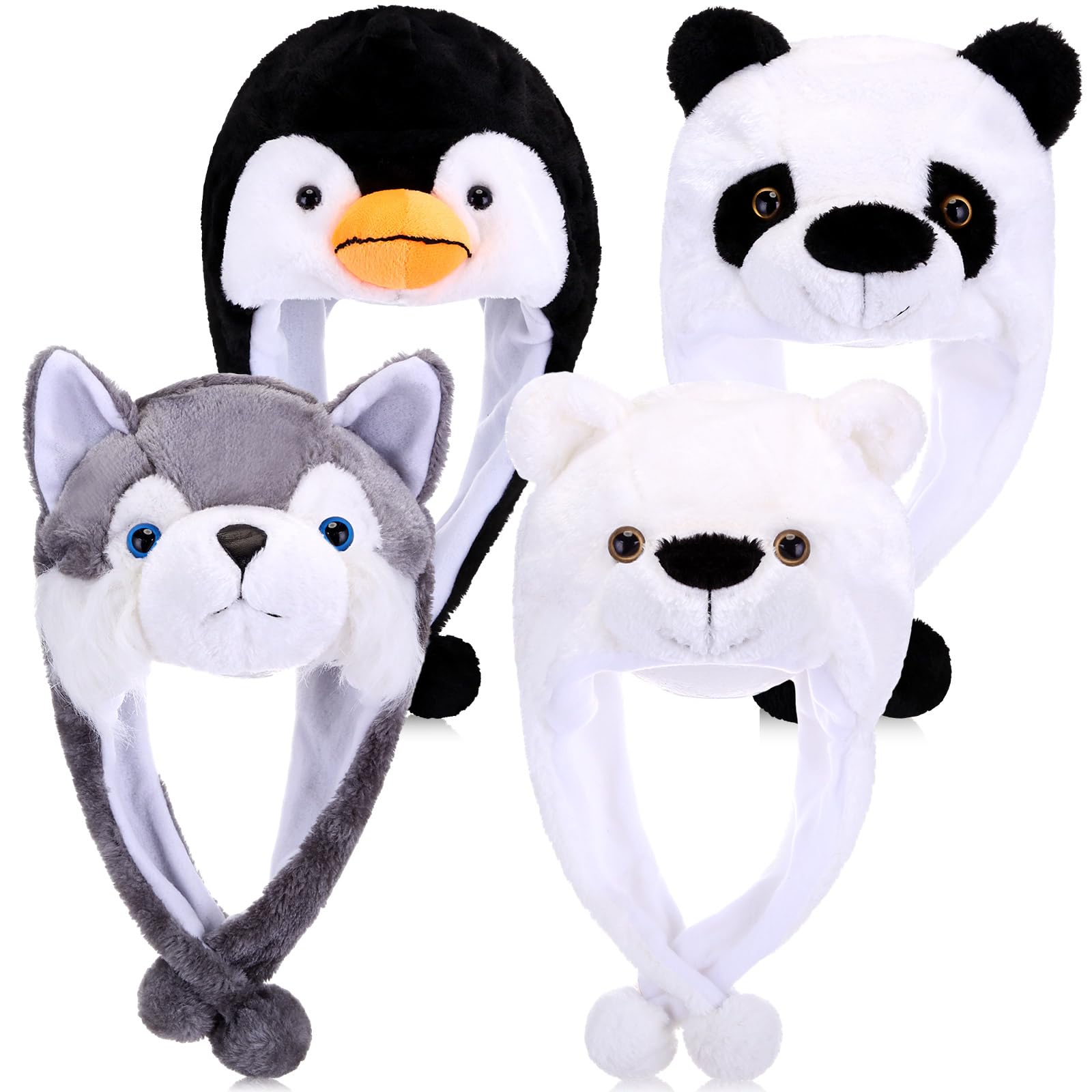 Toulite four-piece plush animal hats set featuring panda and friends for warm winter wear