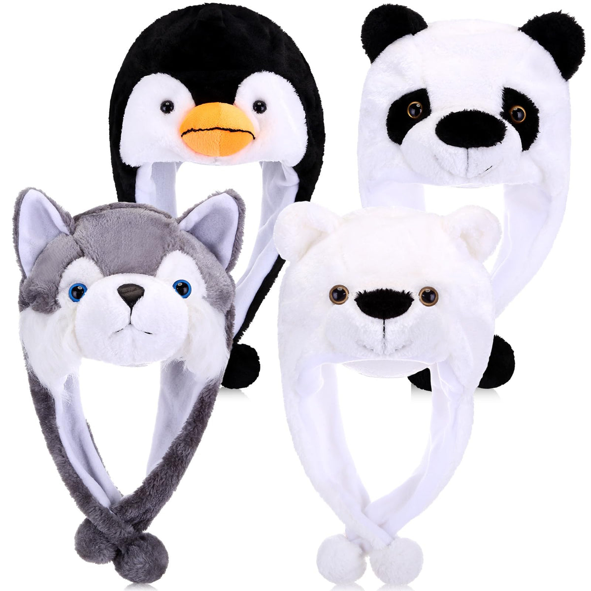 Toulite four-piece plush animal hats set featuring panda and friends for warm winter wear