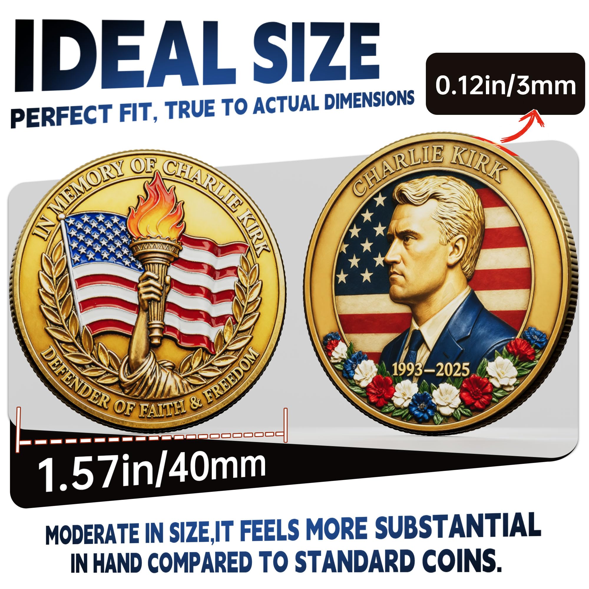 Touzanious Charlie Kirk coin flag background emphasizes patriotic design for shelves or showcases.