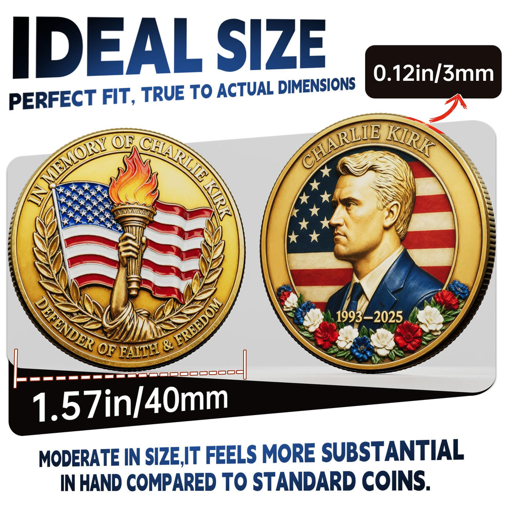 Touzanious Charlie Kirk coin flag background emphasizes patriotic design for shelves or showcases.