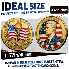 Touzanious Charlie Kirk coin flag background emphasizes patriotic design for shelves or showcases.