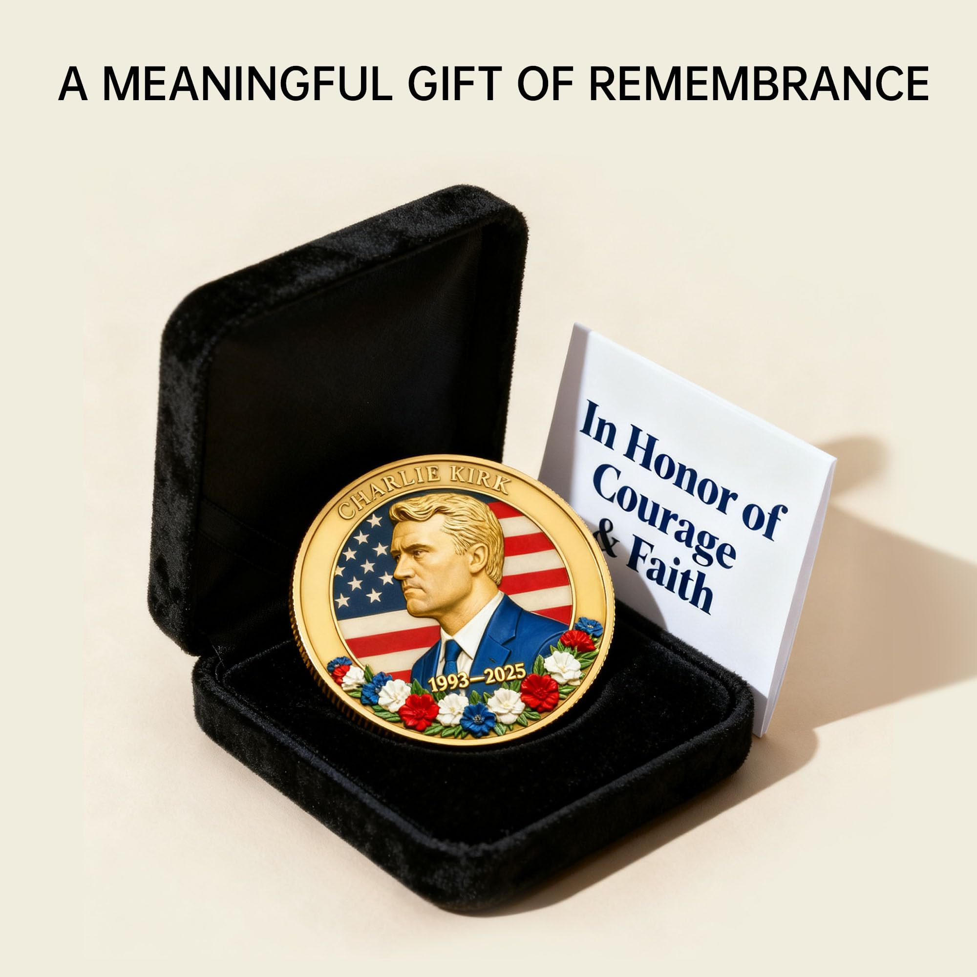 Touzanious Charlie Kirk coin packaging, ready-to-gift presentation in clear capsule.