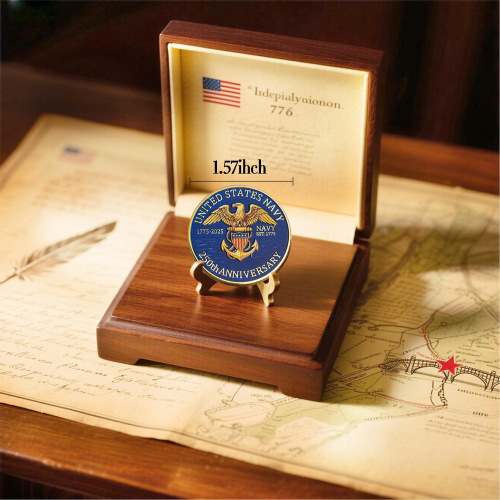 Touzanious Navy coin detailed relief close-up highlights durability and craftsmanship.