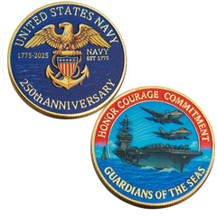 Touzanious USA Navy 250th coin front view with battleship relief, ideal for display and collection.