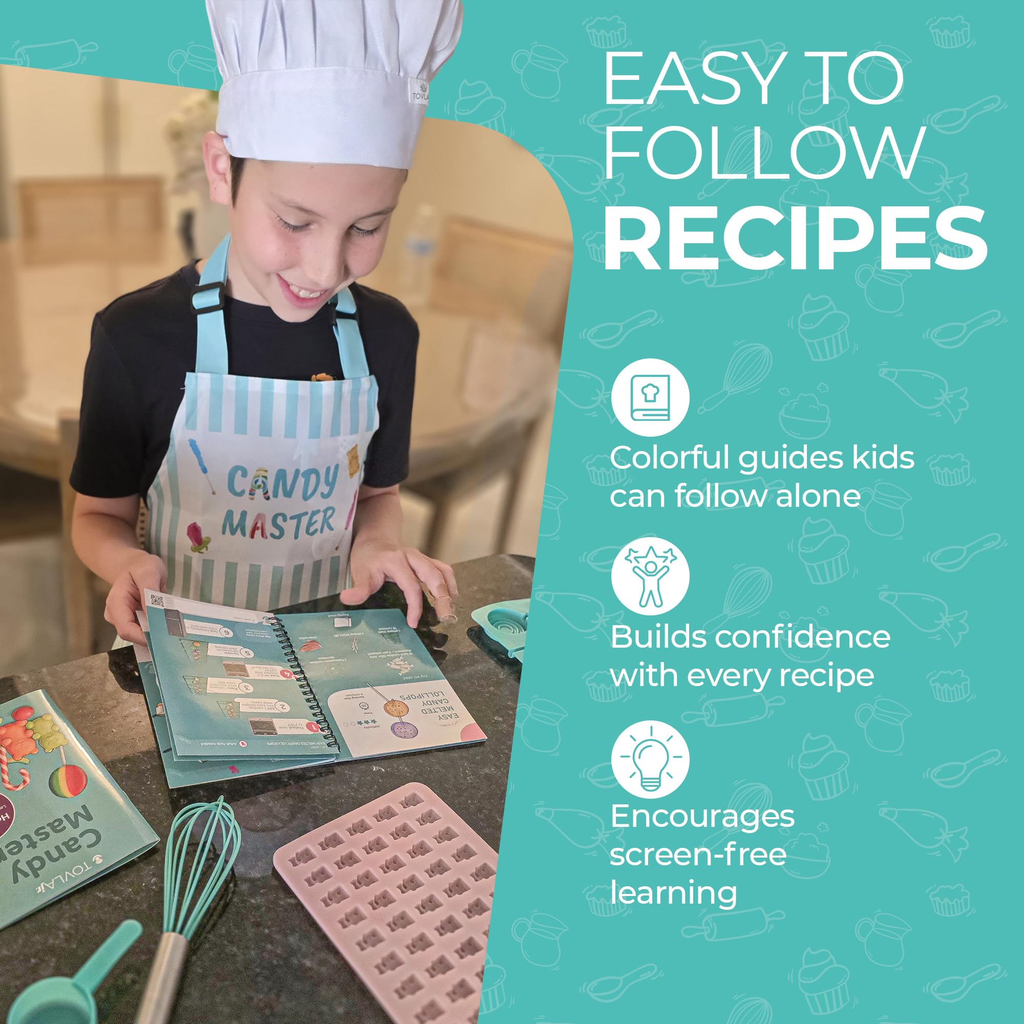 Tovla Jr apron and chef hat add a professional feel to play
