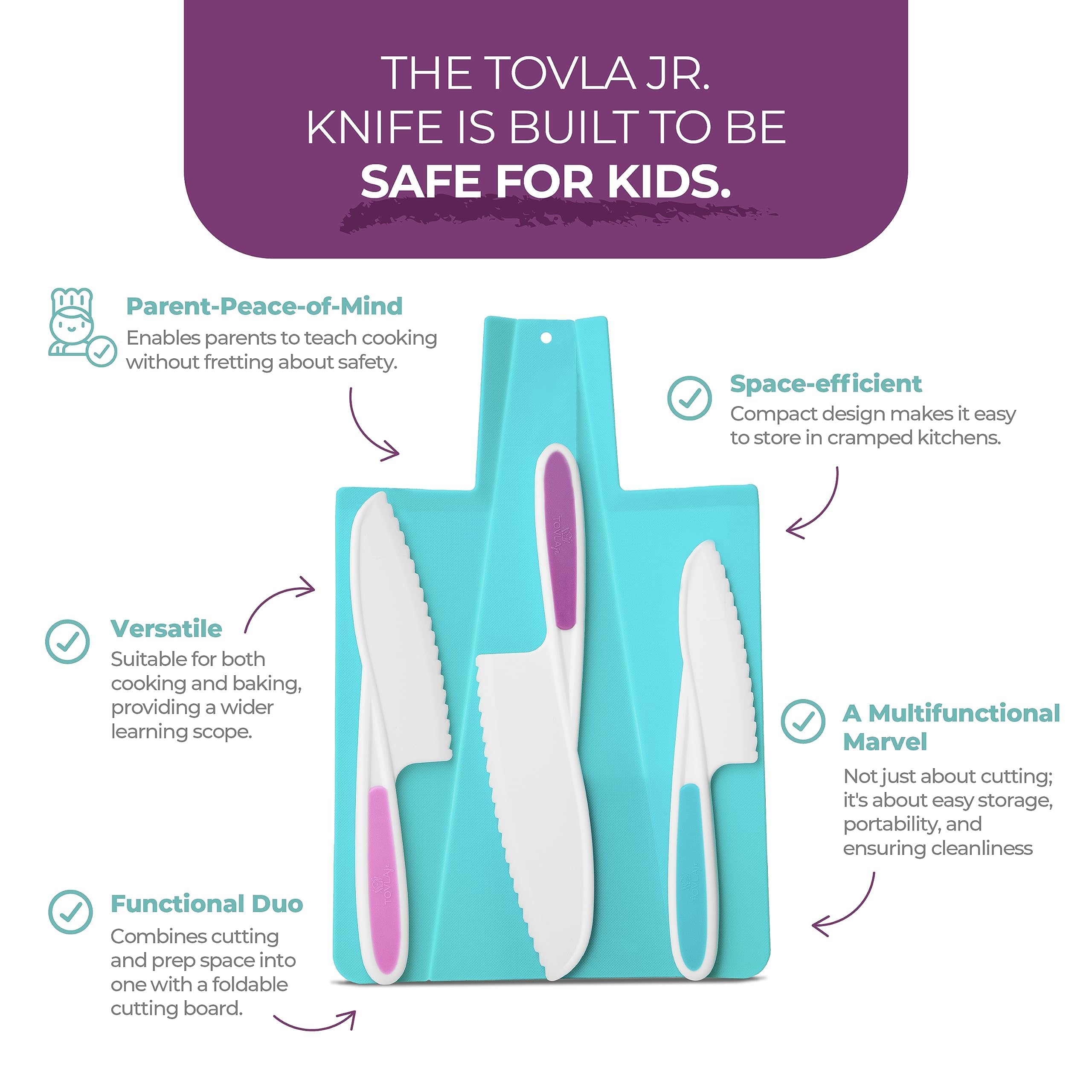 TOVLA JR easy-grip knife handles support small hands.