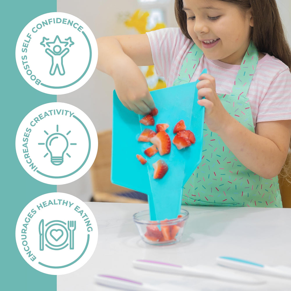 TOVLA JR kid-safe knife set guiding children's fruit prep.