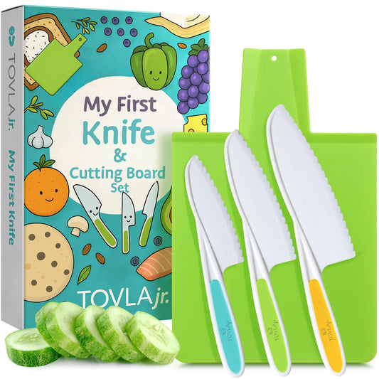 TOVLA JR toddler knife set shown with kid-safe blades for beginners.