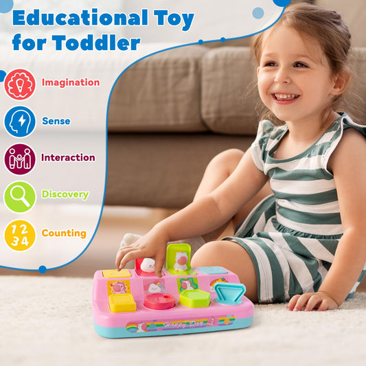Tovol Zerky Montessori pop-up toy button-press demonstrates action-reaction and early cognitive links.