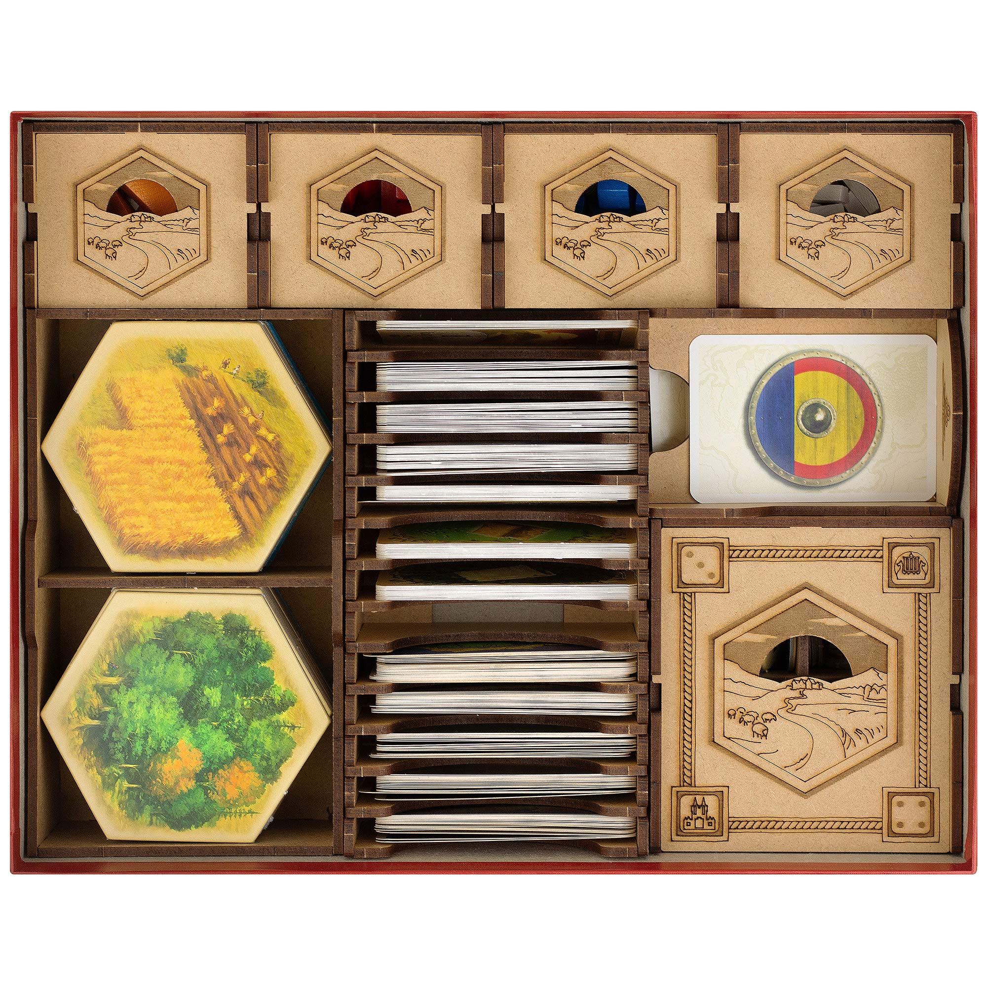 TowerRex organizer for Catan board game keeps components neatly stored and accessible.