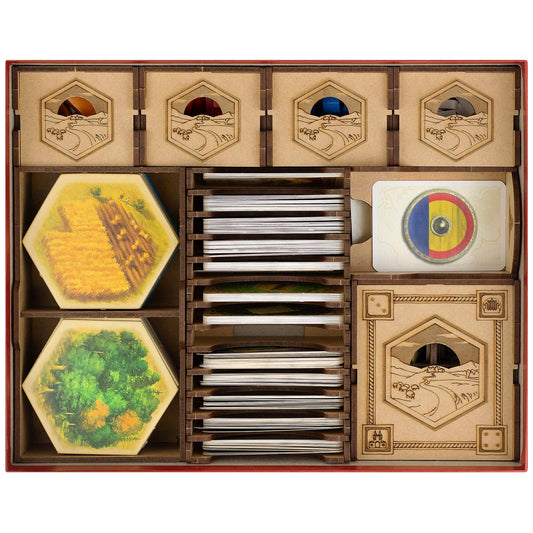 TowerRex organizer for Catan board game keeps components neatly stored and accessible.