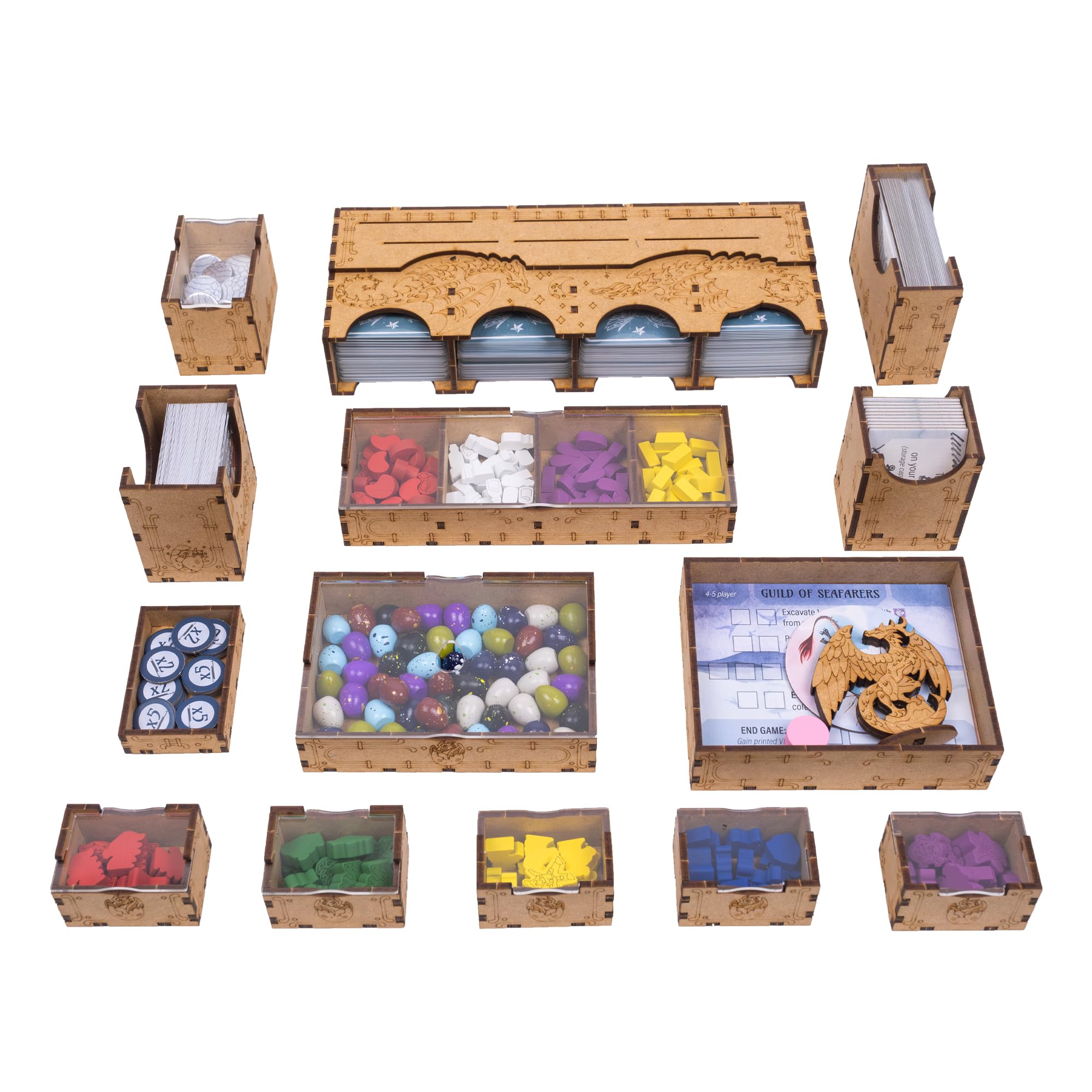 TowerRex Wyrmspan insert assembled showing organized trays for tidy gameplay.