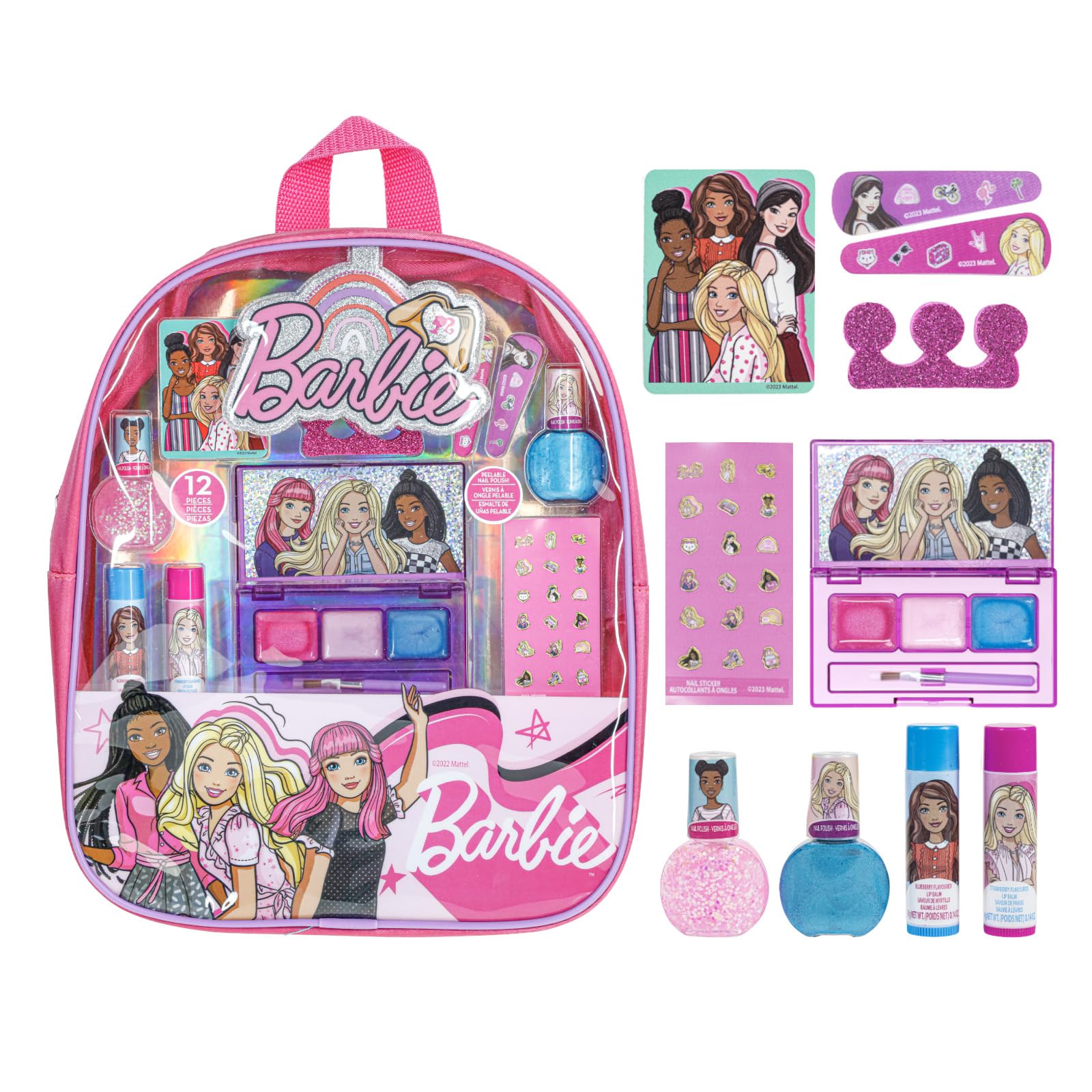 Townley Girl Barbie makeup filled backpack set open, ready for party storage and playtime