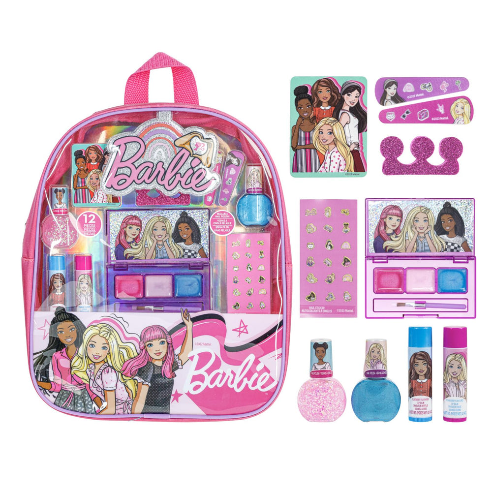 Townley Girl Barbie makeup filled backpack set open, ready for party storage and playtime