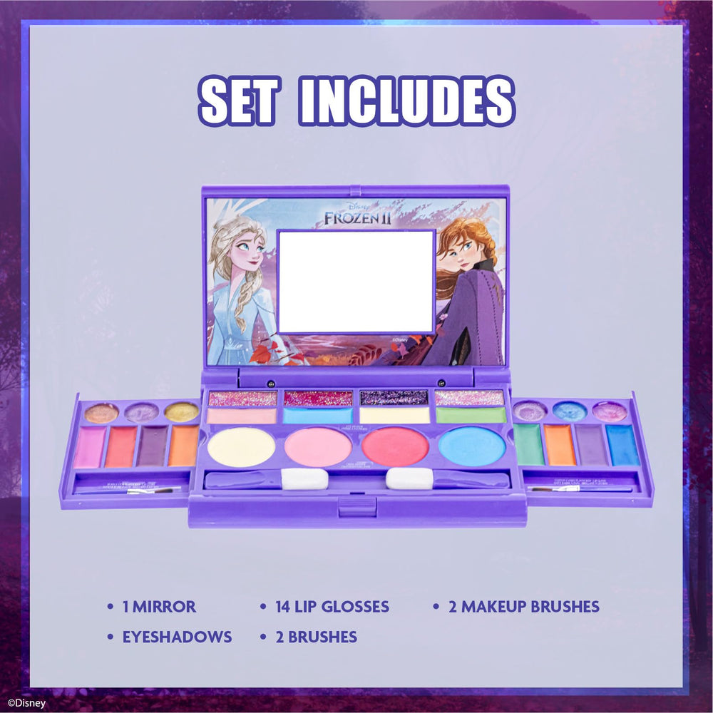 Townley Girl Disney Frozen compact open display showing lip gloss, blush, and eye shadows