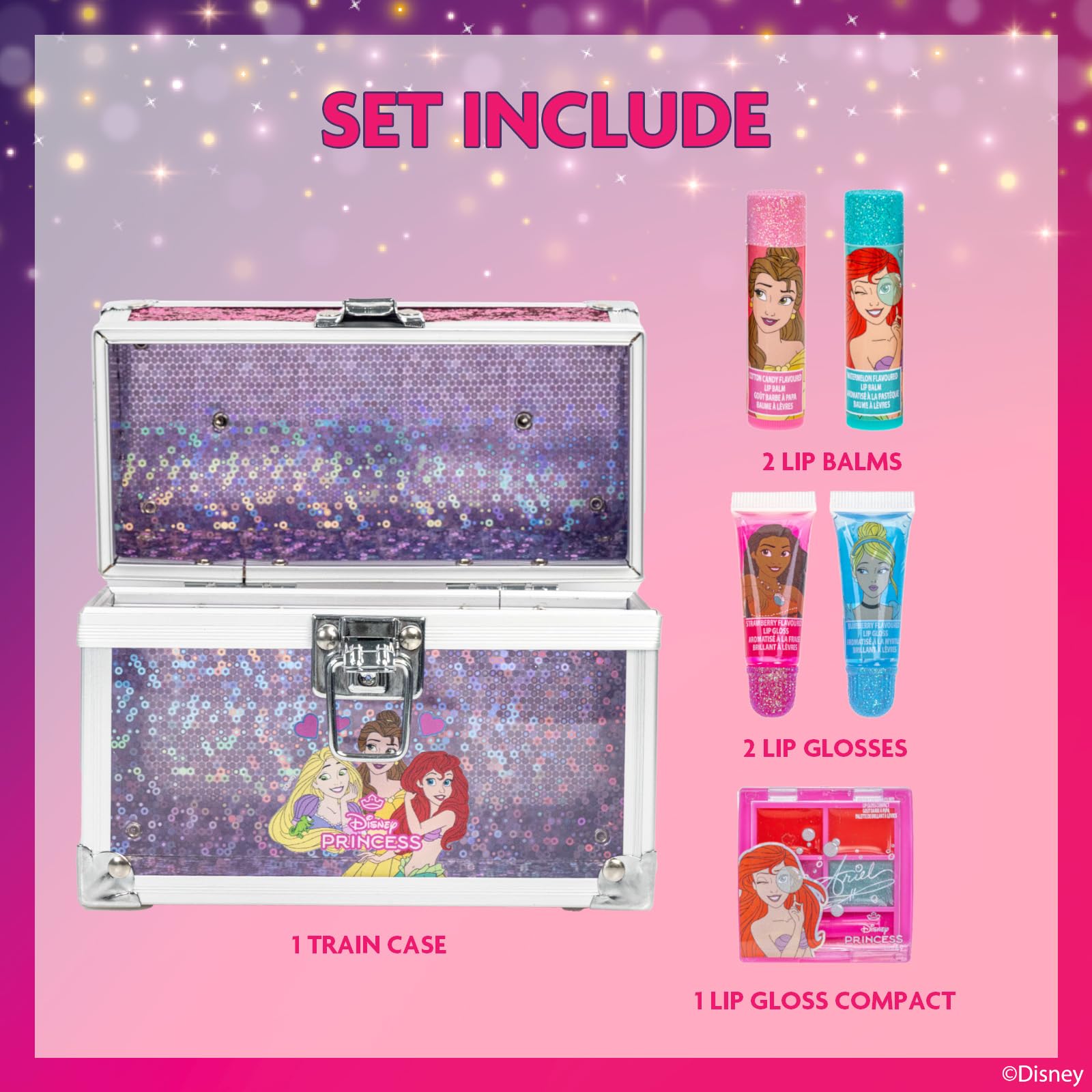 Townley Girl Disney Princess train case open showing lip gloss and balm