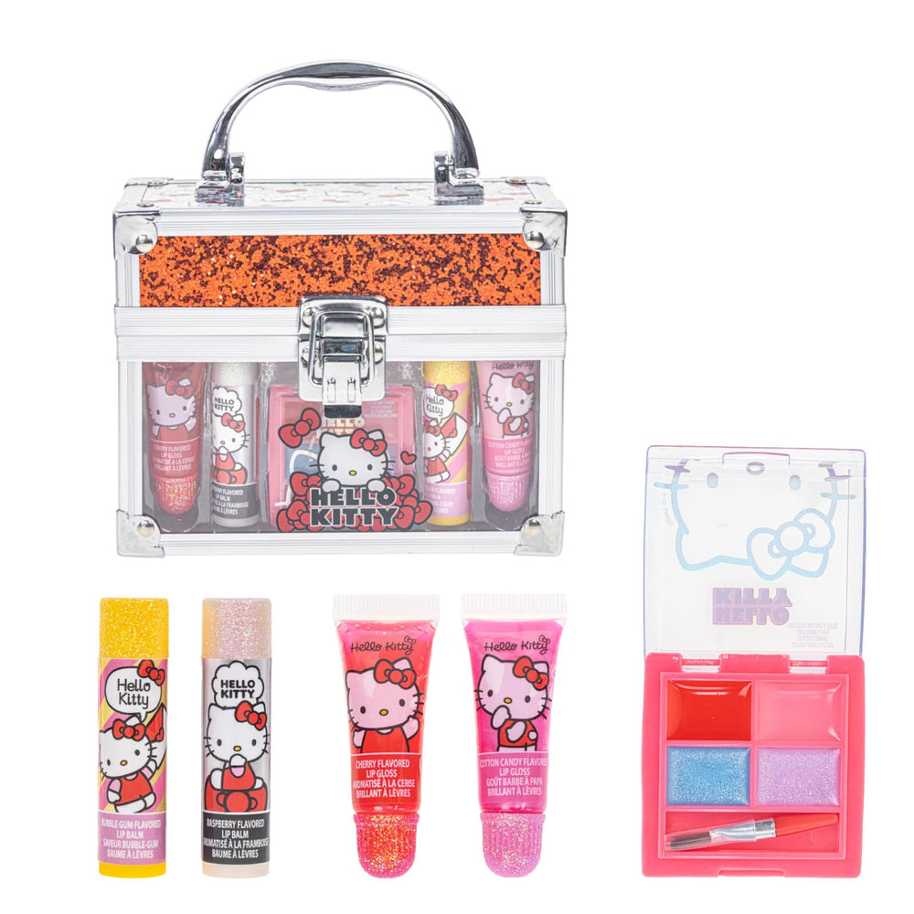 Townley Girl Hello Kitty train case open showing lip balms and glosses for imaginative play
