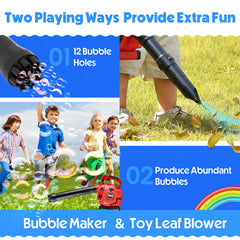 Toy Choi's 2-in-1 bubble-leaf blower shown up-close, versatile for bubble play and pretend yard chores.