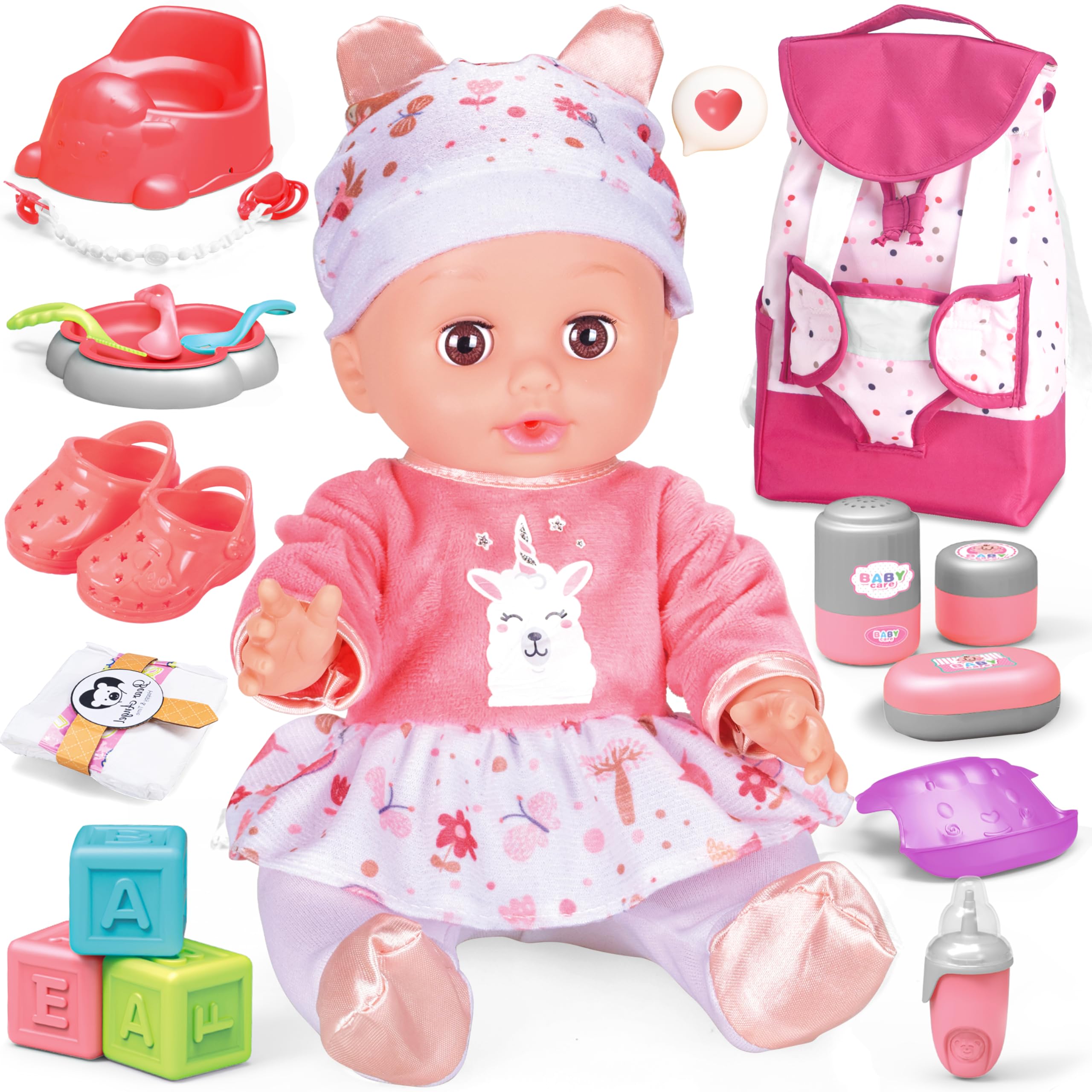 Toy Choi's baby doll with backpack care playset in 14 inch size for nurturing pretend play
