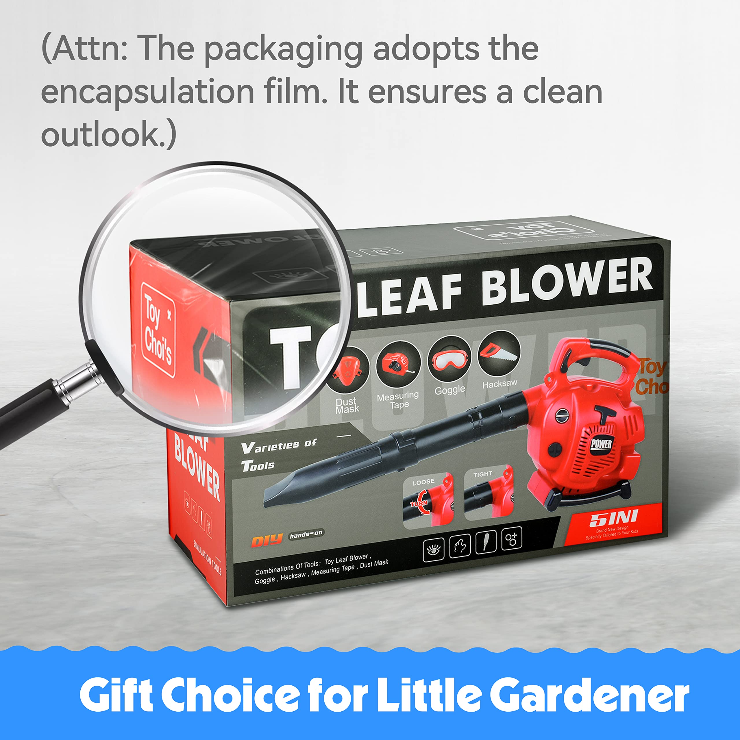 Toy Choi's Leaf Blower runs on 3 AA batteries for cordless outdoor use.