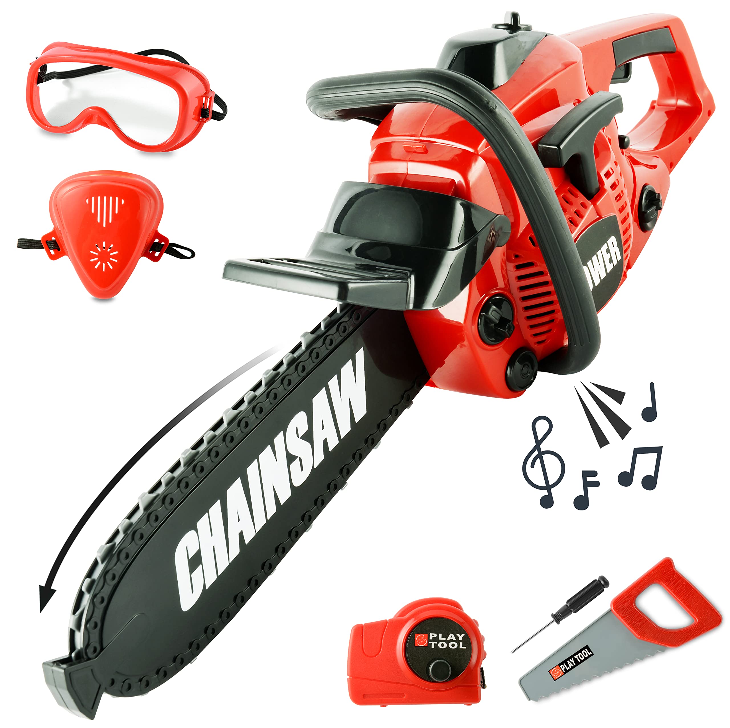 Toy Choi's chainsaw toy requires 3 AA batteries for sounds.